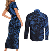 Polynesian Sunset Plumeria Couples Matching Short Sleeve Bodycon Dress and Long Sleeve Button Shirt Navy Polynesian Tattoo LT05 - Polynesian Pride