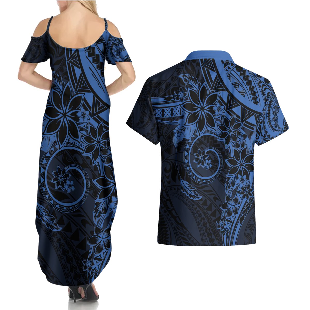 Polynesian Sunset Plumeria Couples Matching Summer Maxi Dress and Hawaiian Shirt Navy Polynesian Tattoo LT05 - Polynesian Pride