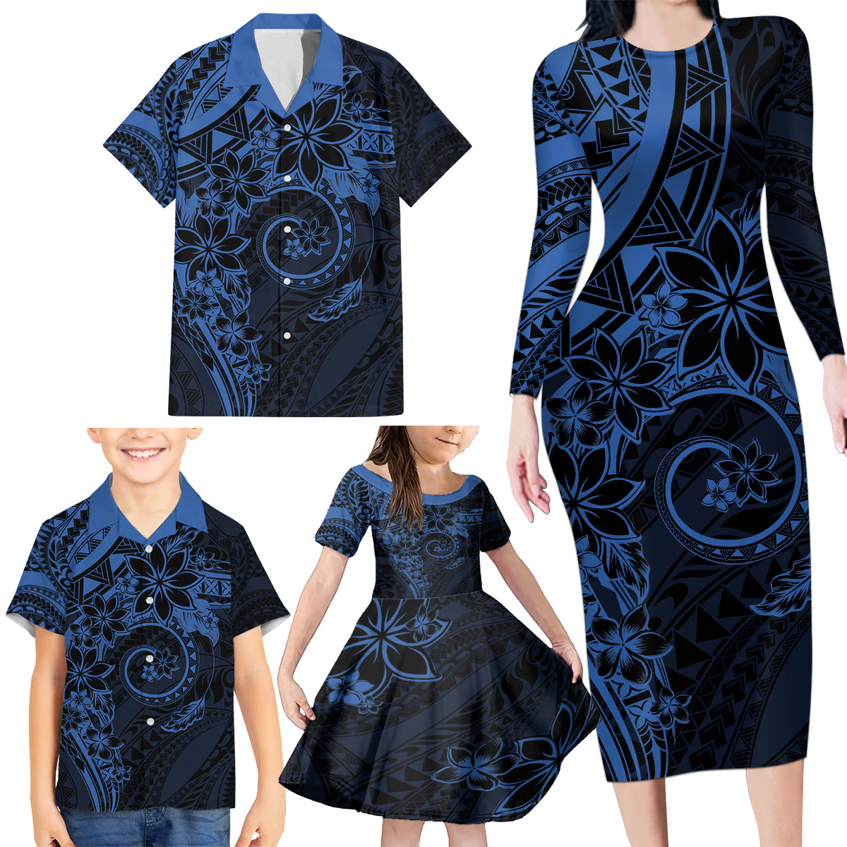 Polynesian Sunset Plumeria Family Matching Long Sleeve Bodycon Dress and Hawaiian Shirt Navy Polynesian Tattoo LT05 - Polynesian Pride