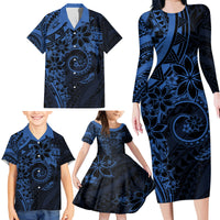 Polynesian Sunset Plumeria Family Matching Long Sleeve Bodycon Dress and Hawaiian Shirt Navy Polynesian Tattoo LT05 - Polynesian Pride