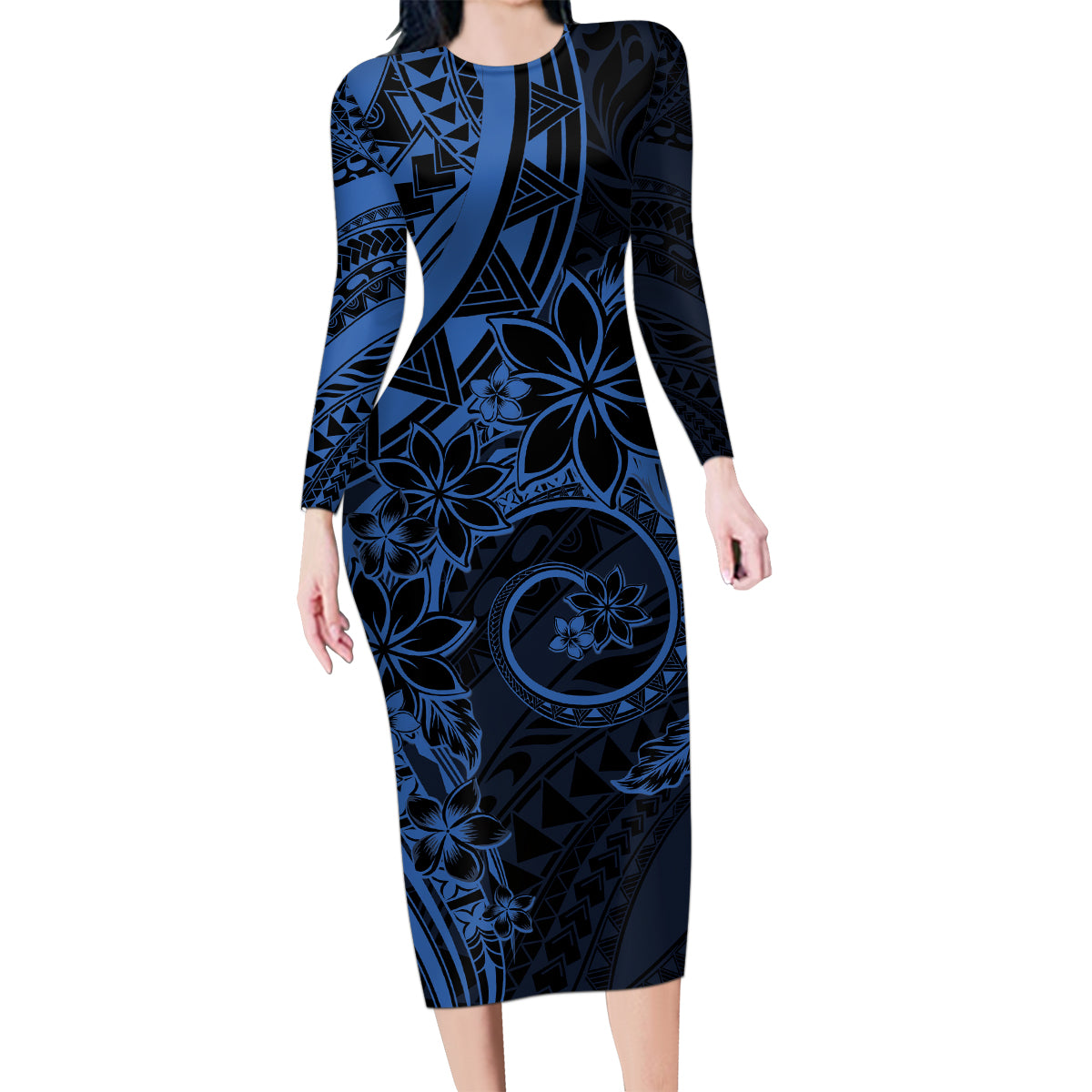 Polynesian Sunset Plumeria Family Matching Long Sleeve Bodycon Dress and Hawaiian Shirt Navy Polynesian Tattoo LT05 Mom's Dress Navy - Polynesian Pride