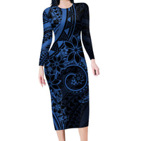 Polynesian Sunset Plumeria Family Matching Long Sleeve Bodycon Dress and Hawaiian Shirt Navy Polynesian Tattoo LT05 Mom's Dress Navy - Polynesian Pride