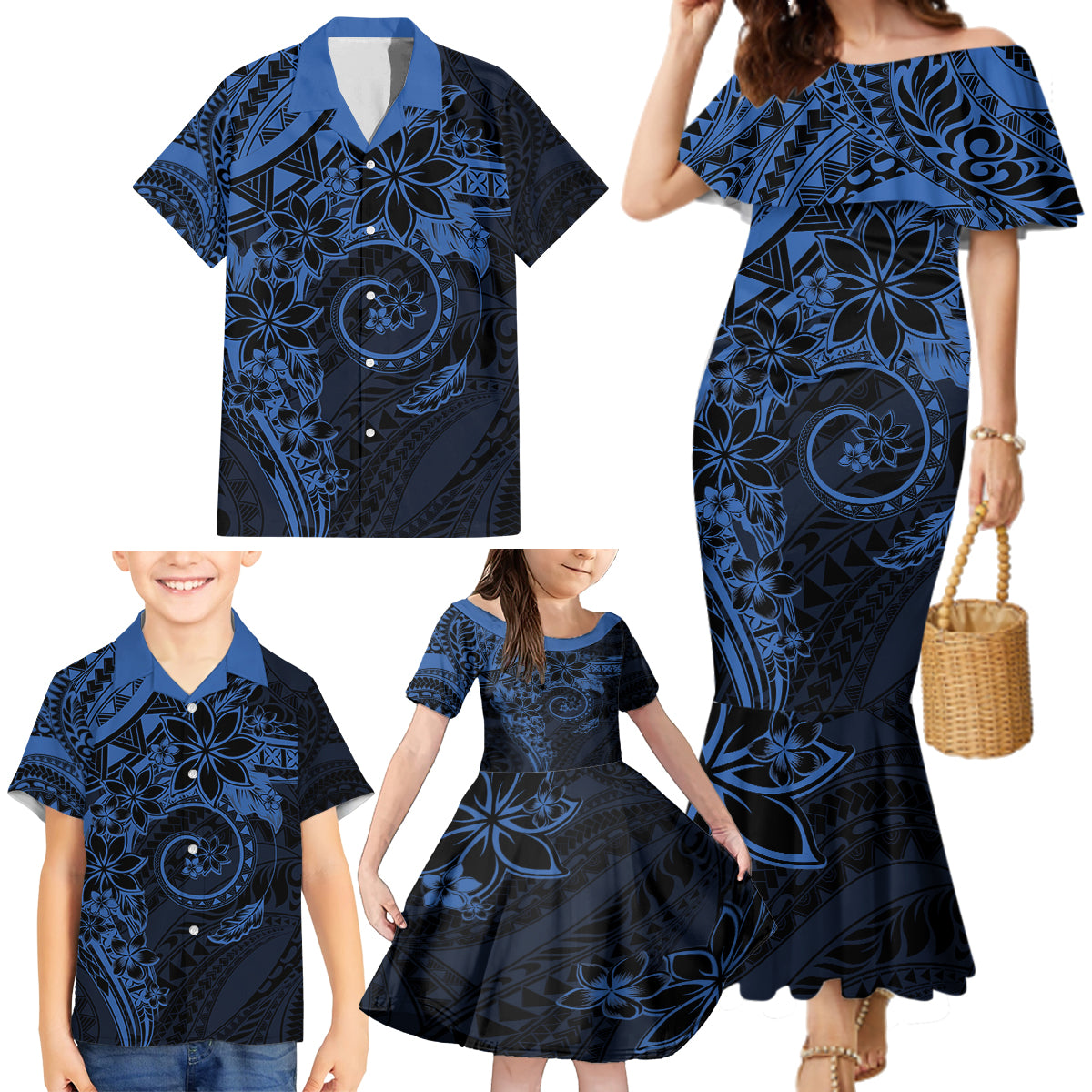 Polynesian Sunset Plumeria Family Matching Mermaid Dress and Hawaiian Shirt Navy Polynesian Tattoo LT05 - Polynesian Pride