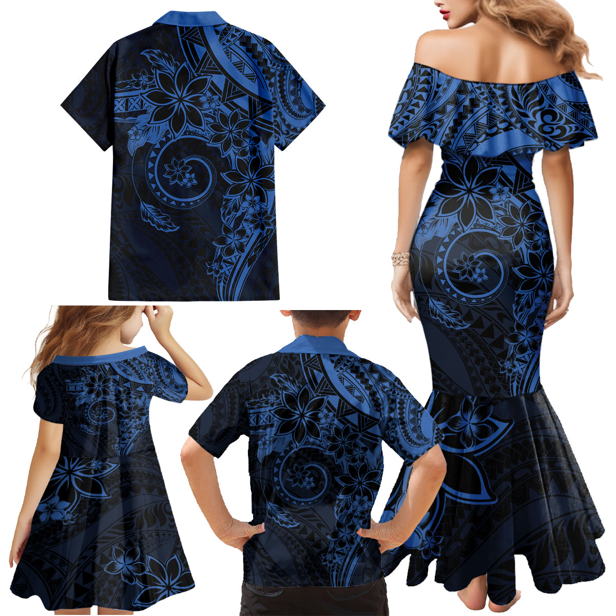 Polynesian Sunset Plumeria Family Matching Mermaid Dress and Hawaiian Shirt Navy Polynesian Tattoo LT05 - Polynesian Pride