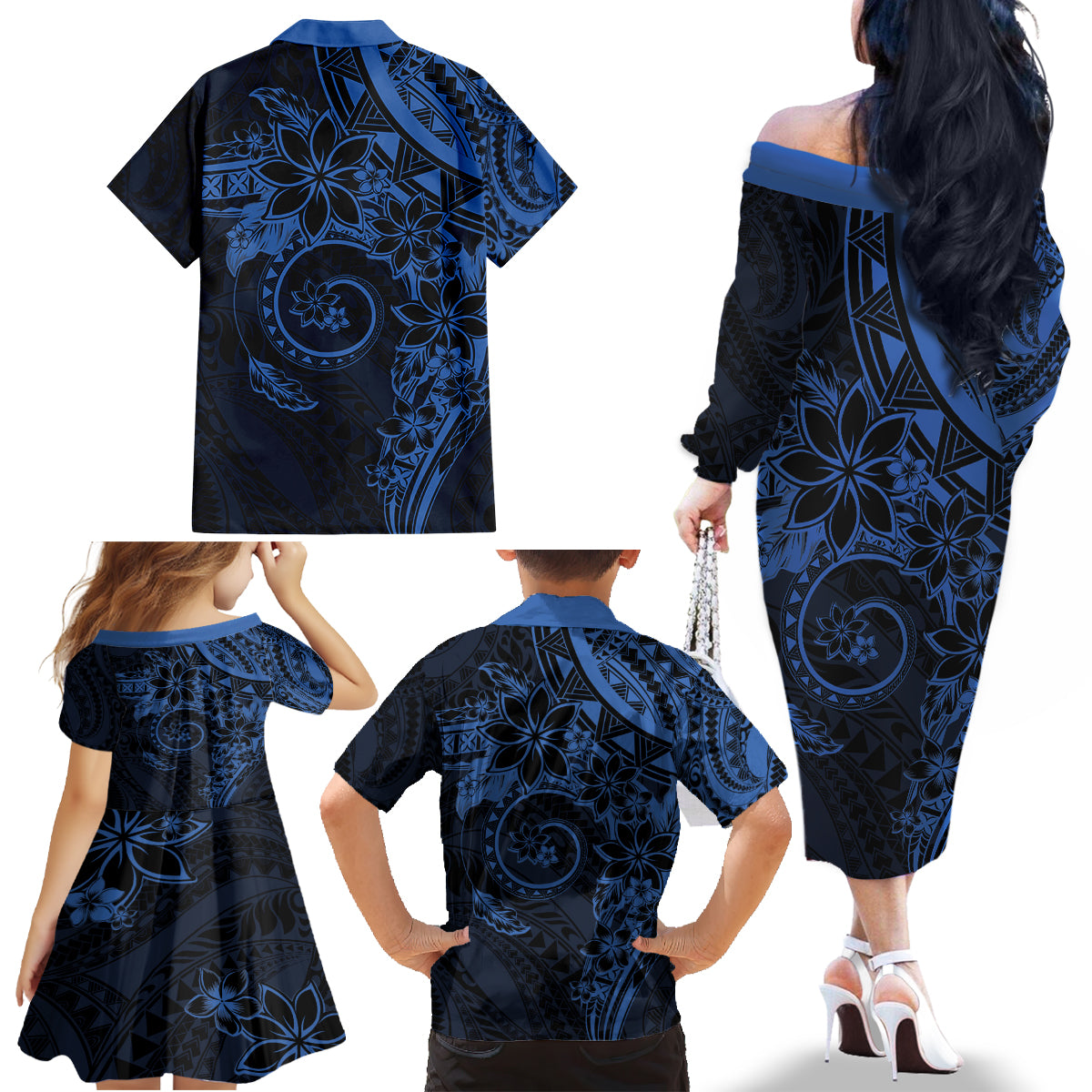 Polynesian Sunset Plumeria Family Matching Off The Shoulder Long Sleeve Dress and Hawaiian Shirt Navy Polynesian Tattoo LT05 - Polynesian Pride