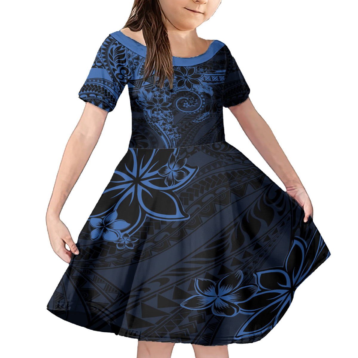 Polynesian Sunset Plumeria Family Matching Off Shoulder Maxi Dress and Hawaiian Shirt Navy Polynesian Tattoo LT05 Daughter's Dress Navy - Polynesian Pride
