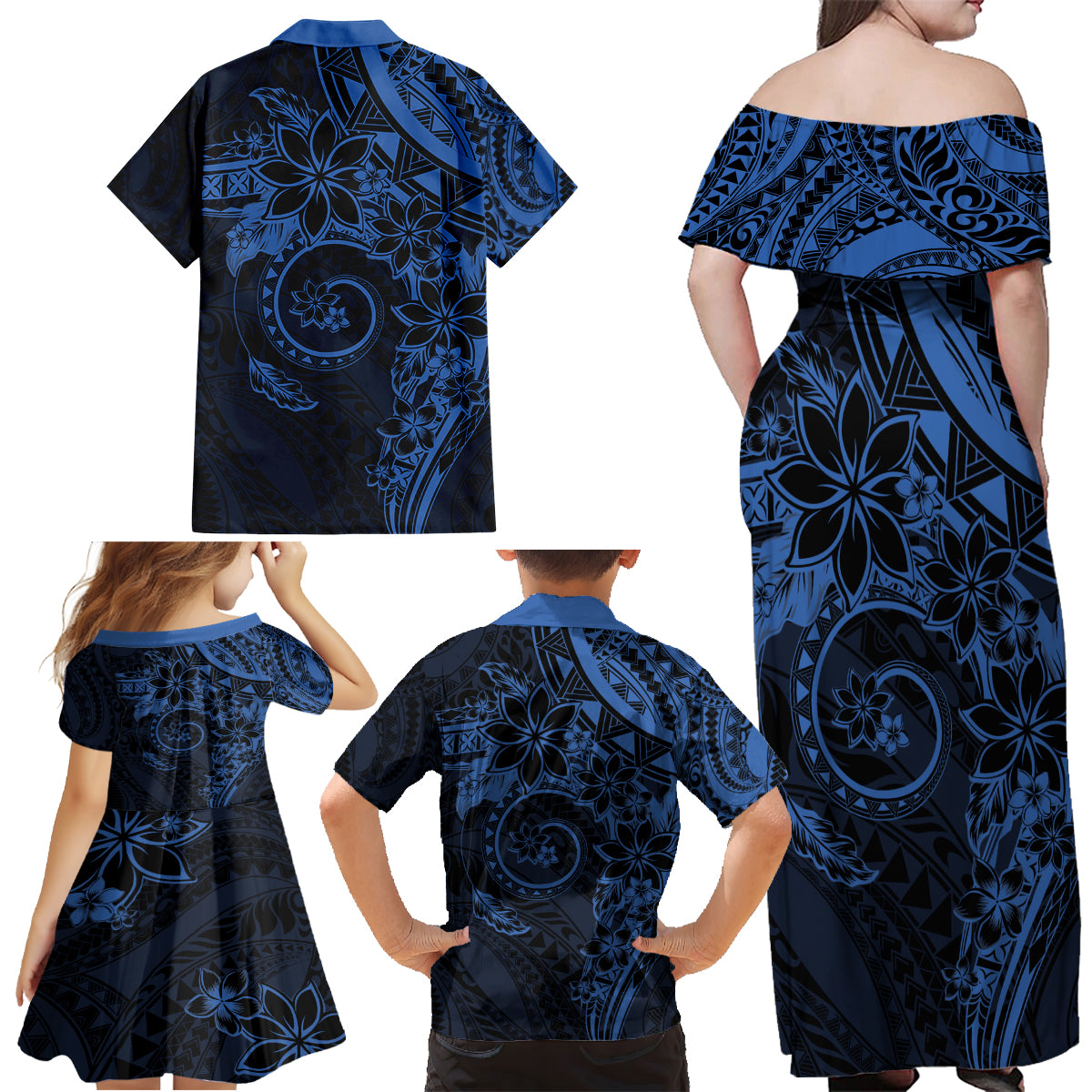 Polynesian Sunset Plumeria Family Matching Off Shoulder Maxi Dress and Hawaiian Shirt Navy Polynesian Tattoo LT05 - Polynesian Pride