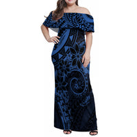 Polynesian Sunset Plumeria Family Matching Off Shoulder Maxi Dress and Hawaiian Shirt Navy Polynesian Tattoo LT05 Mom's Dress Navy - Polynesian Pride