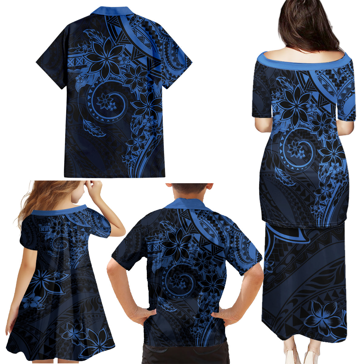 Polynesian Sunset Plumeria Family Matching Puletasi and Hawaiian Shirt Navy Polynesian Tattoo LT05 - Polynesian Pride