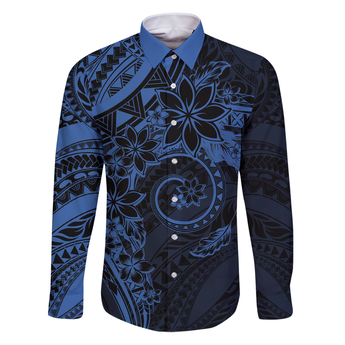 Polynesian Sunset Plumeria Family Matching Puletasi and Hawaiian Shirt Navy Polynesian Tattoo LT05 Dad's Shirt - Long Sleeve Navy - Polynesian Pride