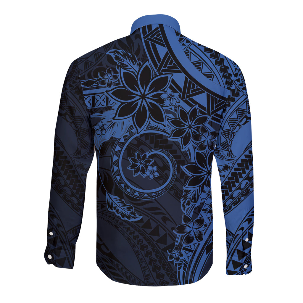 Polynesian Sunset Plumeria Long Sleeve Button Shirt Navy Polynesian Tattoo LT05 - Polynesian Pride
