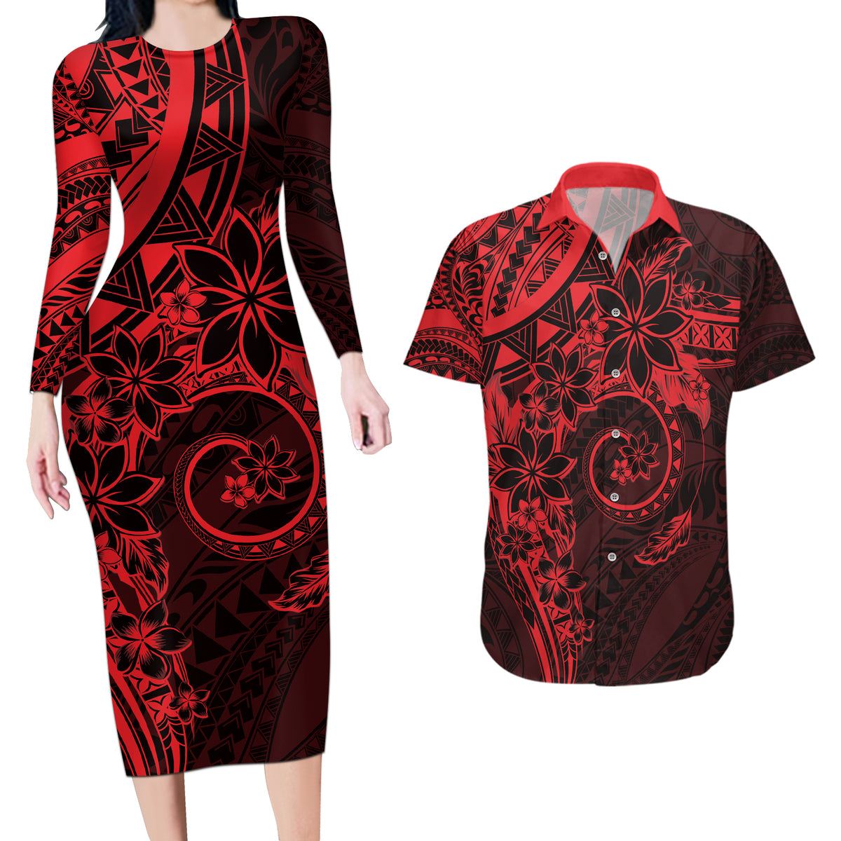 Polynesian Sunset Plumeria Couples Matching Long Sleeve Bodycon Dress and Hawaiian Shirt Red Polynesian Tattoo LT05 Red - Polynesian Pride