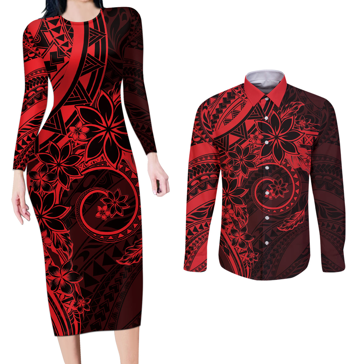 Polynesian Sunset Plumeria Couples Matching Long Sleeve Bodycon Dress and Long Sleeve Button Shirt Red Polynesian Tattoo LT05 Red - Polynesian Pride