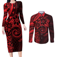 Polynesian Sunset Plumeria Couples Matching Long Sleeve Bodycon Dress and Long Sleeve Button Shirt Red Polynesian Tattoo LT05 Red - Polynesian Pride