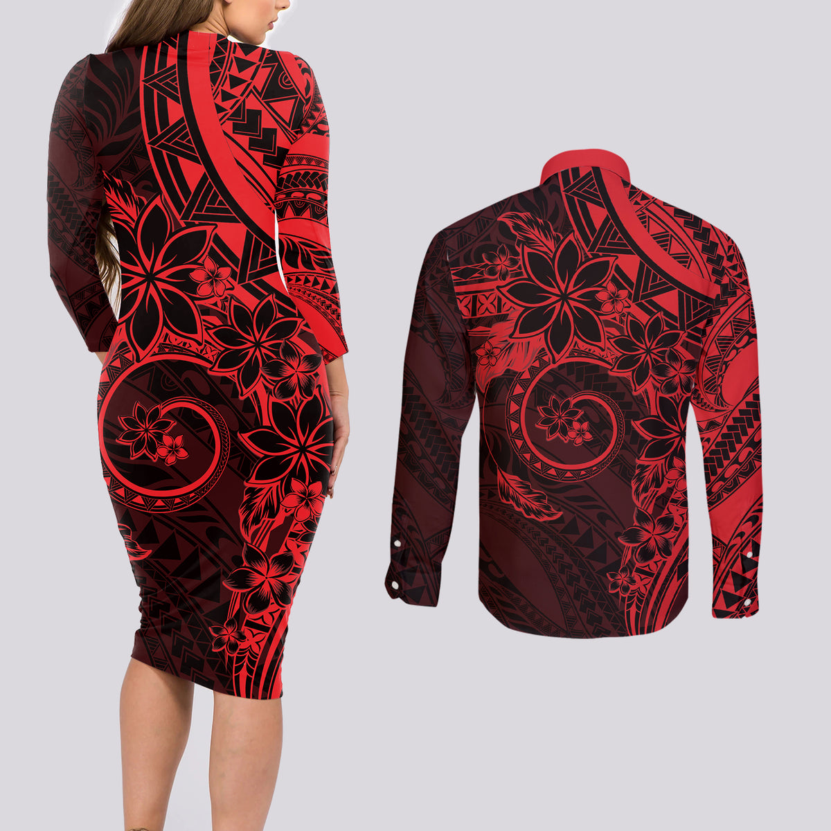 Polynesian Sunset Plumeria Couples Matching Long Sleeve Bodycon Dress and Long Sleeve Button Shirt Red Polynesian Tattoo LT05 - Polynesian Pride