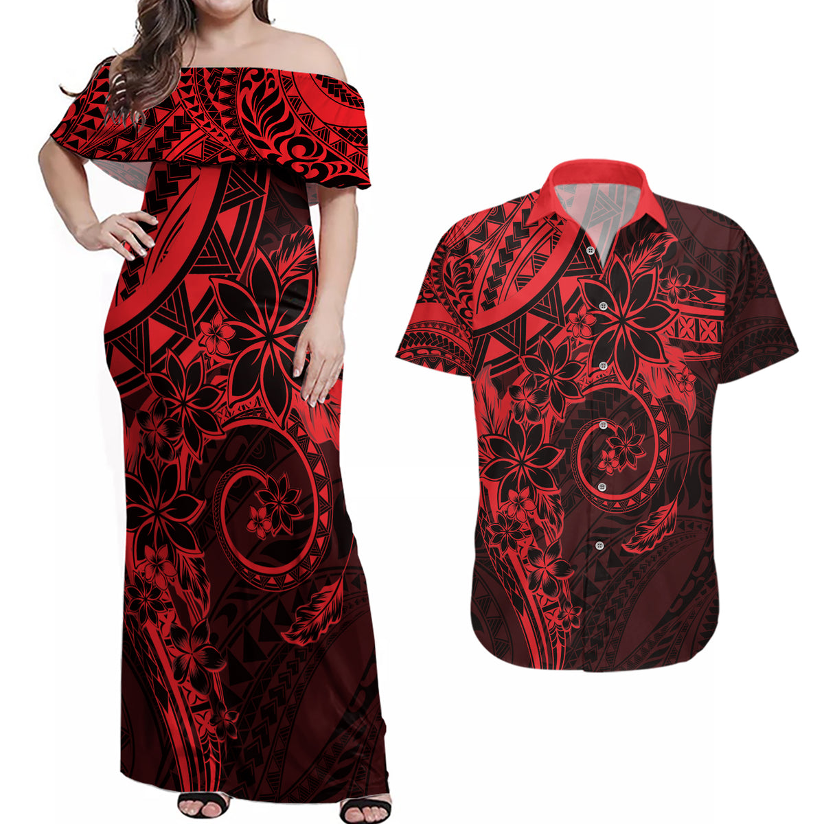 Polynesian Sunset Plumeria Couples Matching Off Shoulder Maxi Dress and Hawaiian Shirt Red Polynesian Tattoo LT05 Red - Polynesian Pride