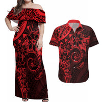 Polynesian Sunset Plumeria Couples Matching Off Shoulder Maxi Dress and Hawaiian Shirt Red Polynesian Tattoo LT05 Red - Polynesian Pride