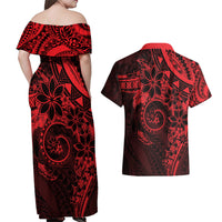 Polynesian Sunset Plumeria Couples Matching Off Shoulder Maxi Dress and Hawaiian Shirt Red Polynesian Tattoo LT05 - Polynesian Pride
