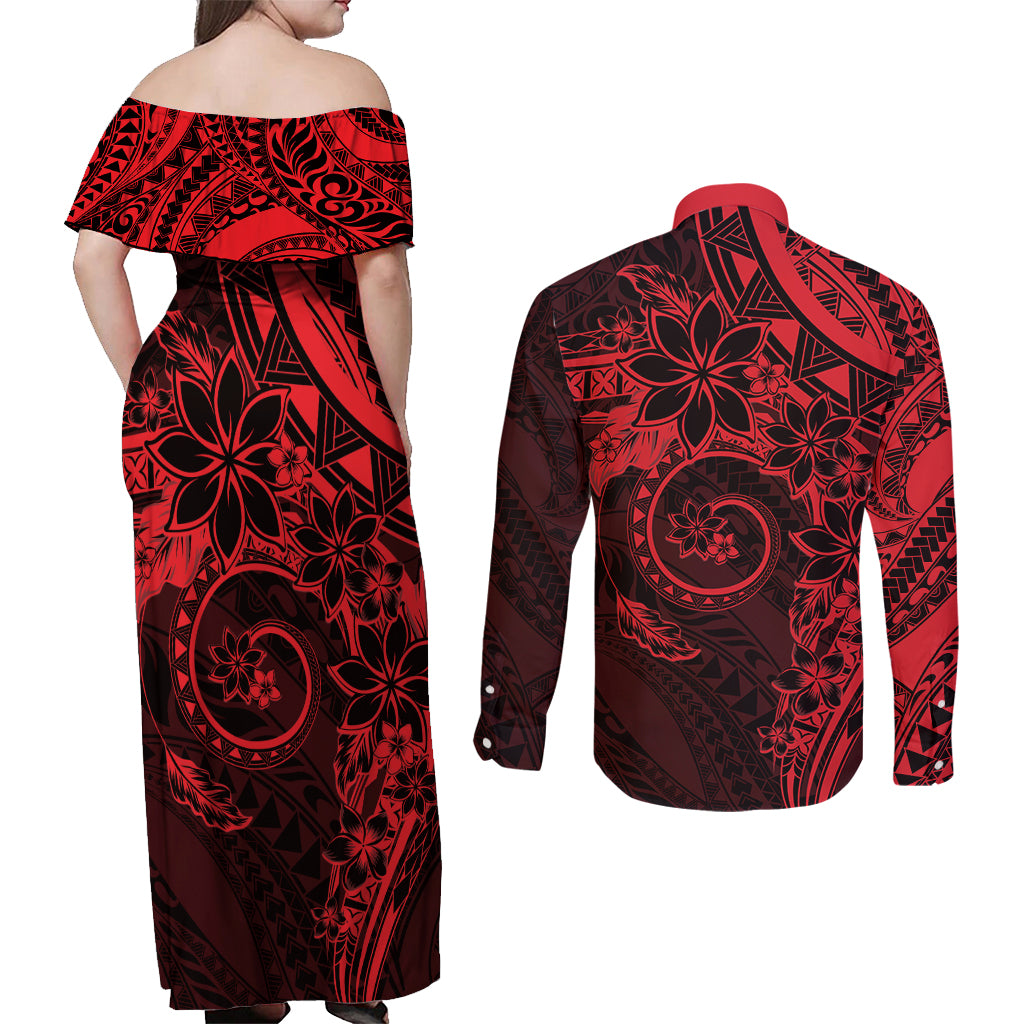 Polynesian Sunset Plumeria Couples Matching Off Shoulder Maxi Dress and Long Sleeve Button Shirt Red Polynesian Tattoo