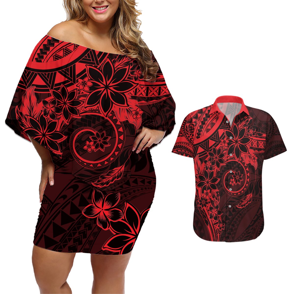 Polynesian Sunset Plumeria Couples Matching Off Shoulder Short Dress and Hawaiian Shirt Red Polynesian Tattoo LT05 Red - Polynesian Pride