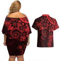 Polynesian Sunset Plumeria Couples Matching Off Shoulder Short Dress and Hawaiian Shirt Red Polynesian Tattoo LT05 - Polynesian Pride