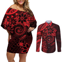 Polynesian Sunset Plumeria Couples Matching Off Shoulder Short Dress and Long Sleeve Button Shirt Red Polynesian Tattoo