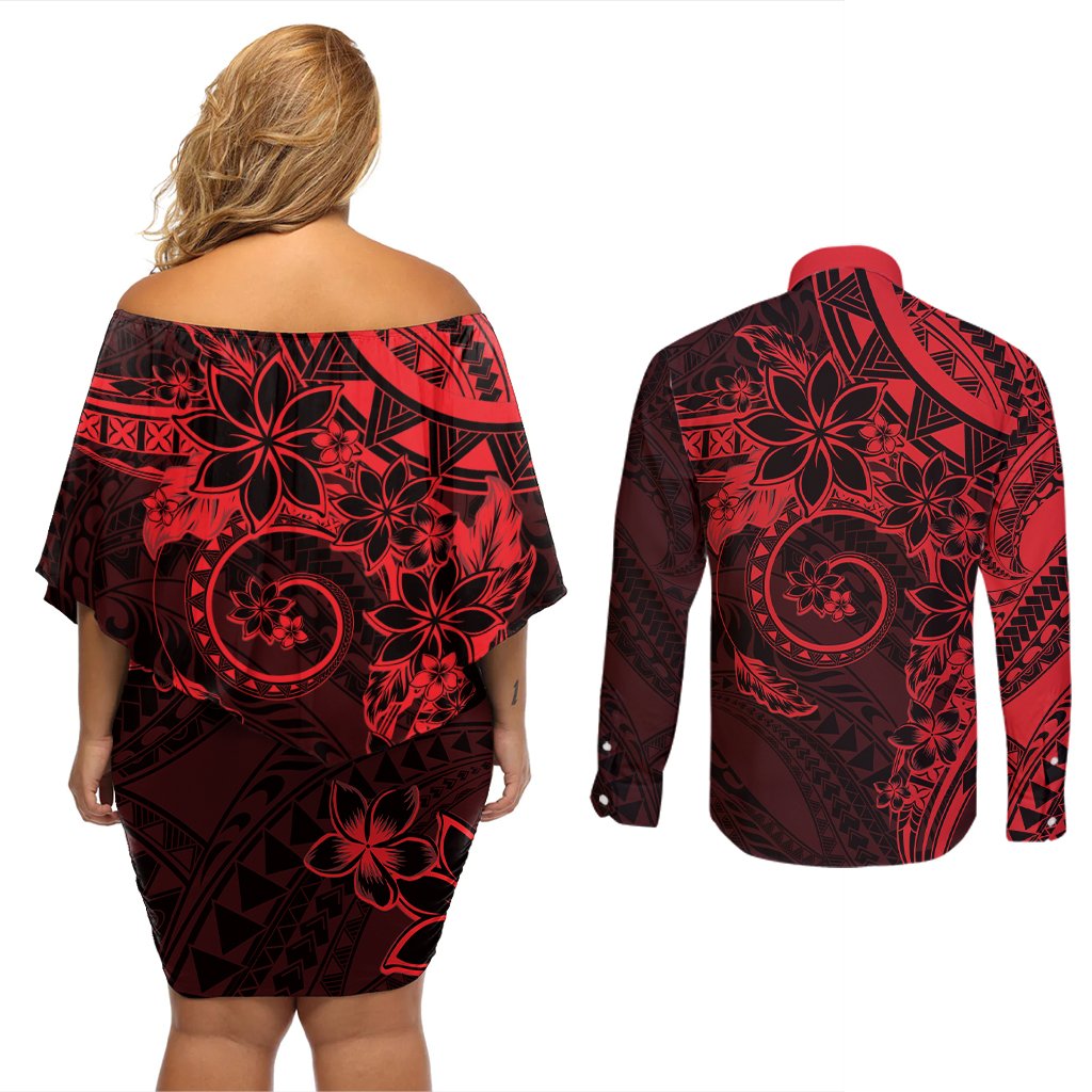 Polynesian Sunset Plumeria Couples Matching Off Shoulder Short Dress and Long Sleeve Button Shirt Red Polynesian Tattoo