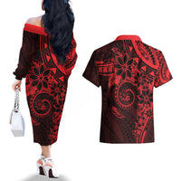 Polynesian Sunset Plumeria Couples Matching Off The Shoulder Long Sleeve Dress and Hawaiian Shirt Red Polynesian Tattoo LT05 - Polynesian Pride
