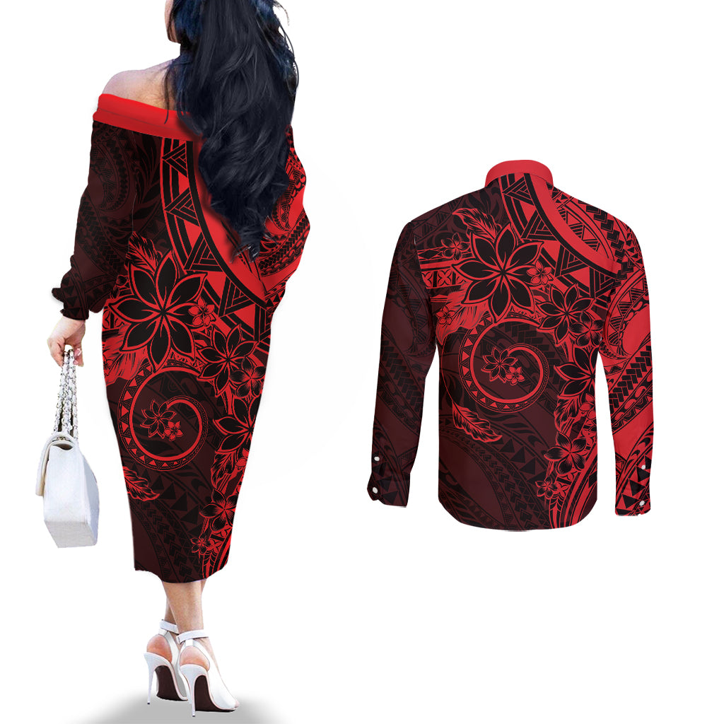 Polynesian Sunset Plumeria Couples Matching Off The Shoulder Long Sleeve Dress and Long Sleeve Button Shirt Red Polynesian Tattoo LT05 - Polynesian Pride