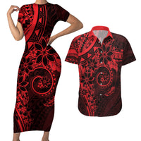 Polynesian Sunset Plumeria Couples Matching Short Sleeve Bodycon Dress and Hawaiian Shirt Red Polynesian Tattoo LT05 Red - Polynesian Pride