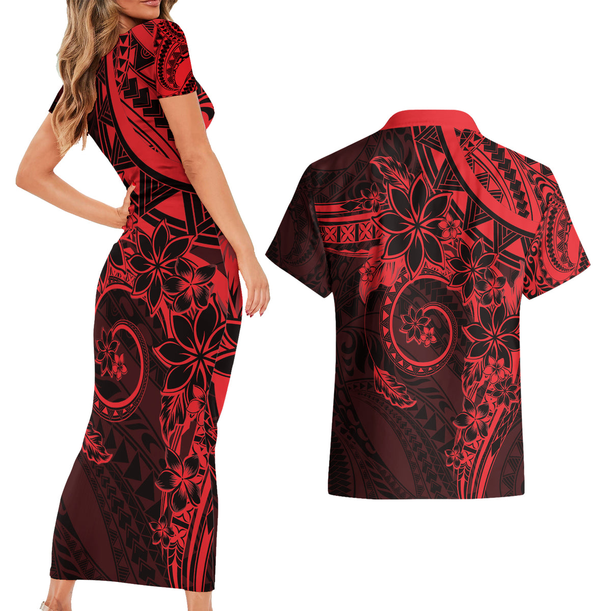 Polynesian Sunset Plumeria Couples Matching Short Sleeve Bodycon Dress and Hawaiian Shirt Red Polynesian Tattoo LT05 - Polynesian Pride