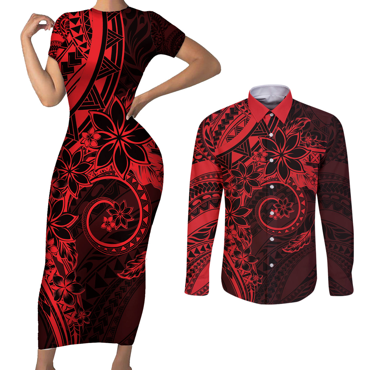 Polynesian Sunset Plumeria Couples Matching Short Sleeve Bodycon Dress and Long Sleeve Button Shirt Red Polynesian Tattoo LT05 Red - Polynesian Pride