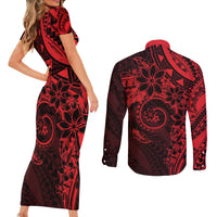 Polynesian Sunset Plumeria Couples Matching Short Sleeve Bodycon Dress and Long Sleeve Button Shirt Red Polynesian Tattoo LT05 - Polynesian Pride