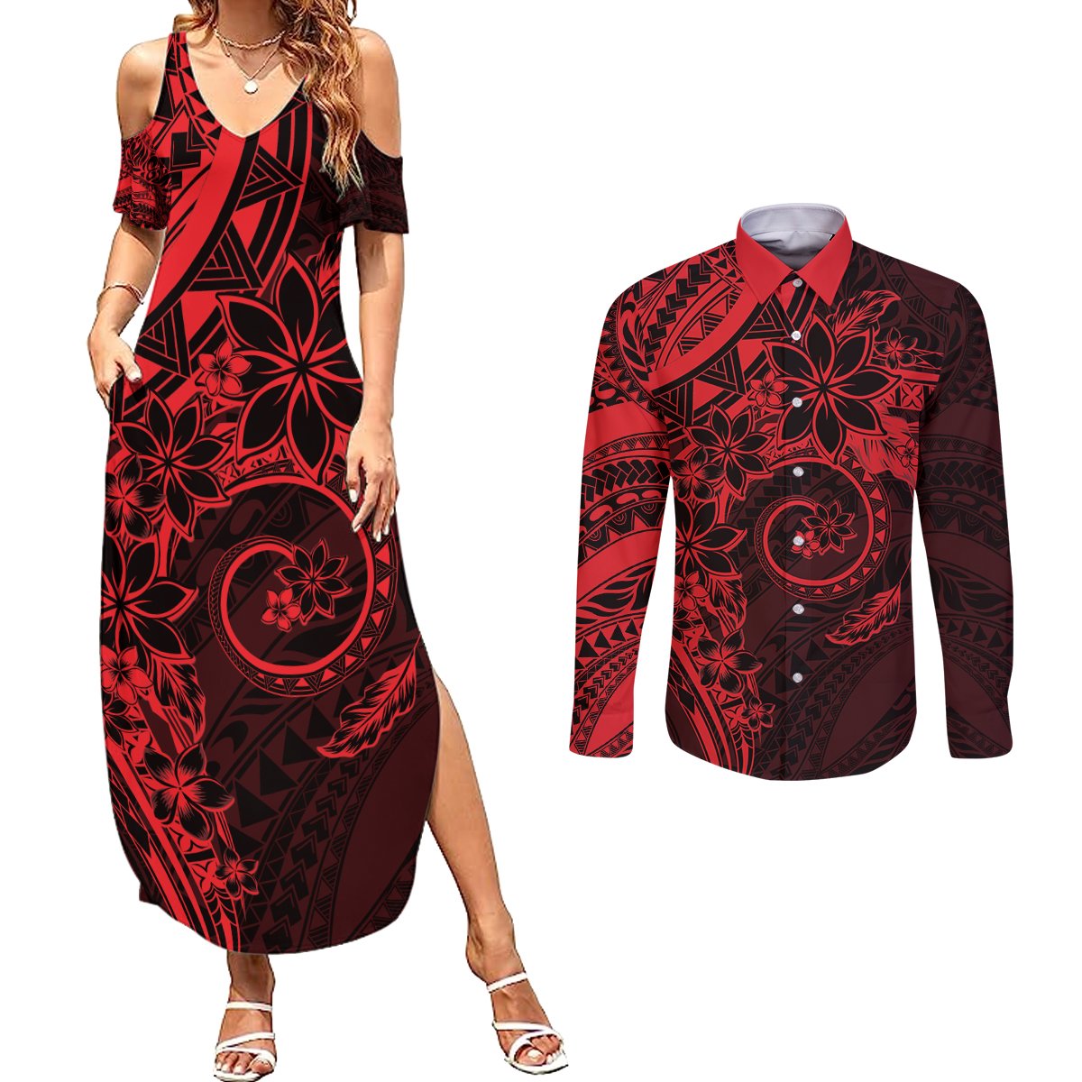 Polynesian Sunset Plumeria Couples Matching Summer Maxi Dress and Long Sleeve Button Shirt Red Polynesian Tattoo