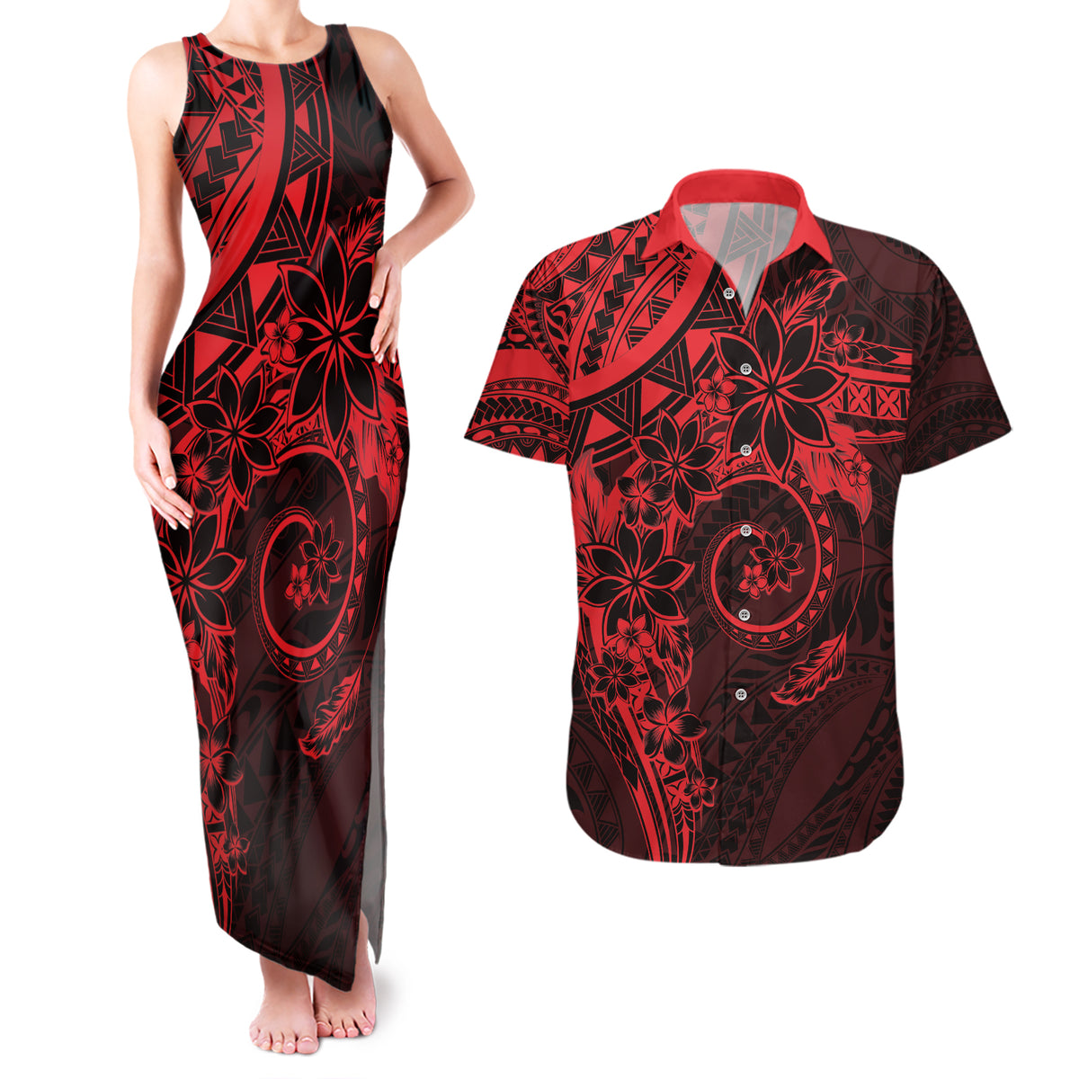 Polynesian Sunset Plumeria Couples Matching Tank Maxi Dress and Hawaiian Shirt Red Polynesian Tattoo LT05 Red - Polynesian Pride