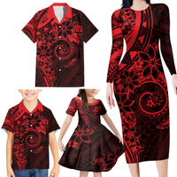 Polynesian Sunset Plumeria Family Matching Long Sleeve Bodycon Dress and Hawaiian Shirt Red Polynesian Tattoo LT05 - Polynesian Pride