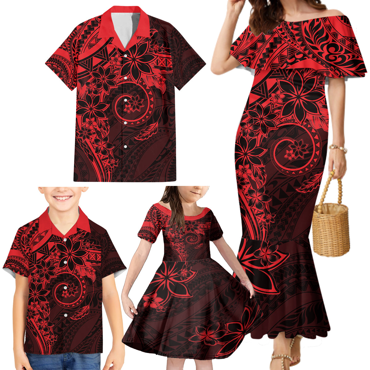 Polynesian Sunset Plumeria Family Matching Mermaid Dress and Hawaiian Shirt Red Polynesian Tattoo LT05 - Polynesian Pride