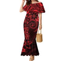 Polynesian Sunset Plumeria Family Matching Mermaid Dress and Hawaiian Shirt Red Polynesian Tattoo LT05 Mom's Dress Red - Polynesian Pride