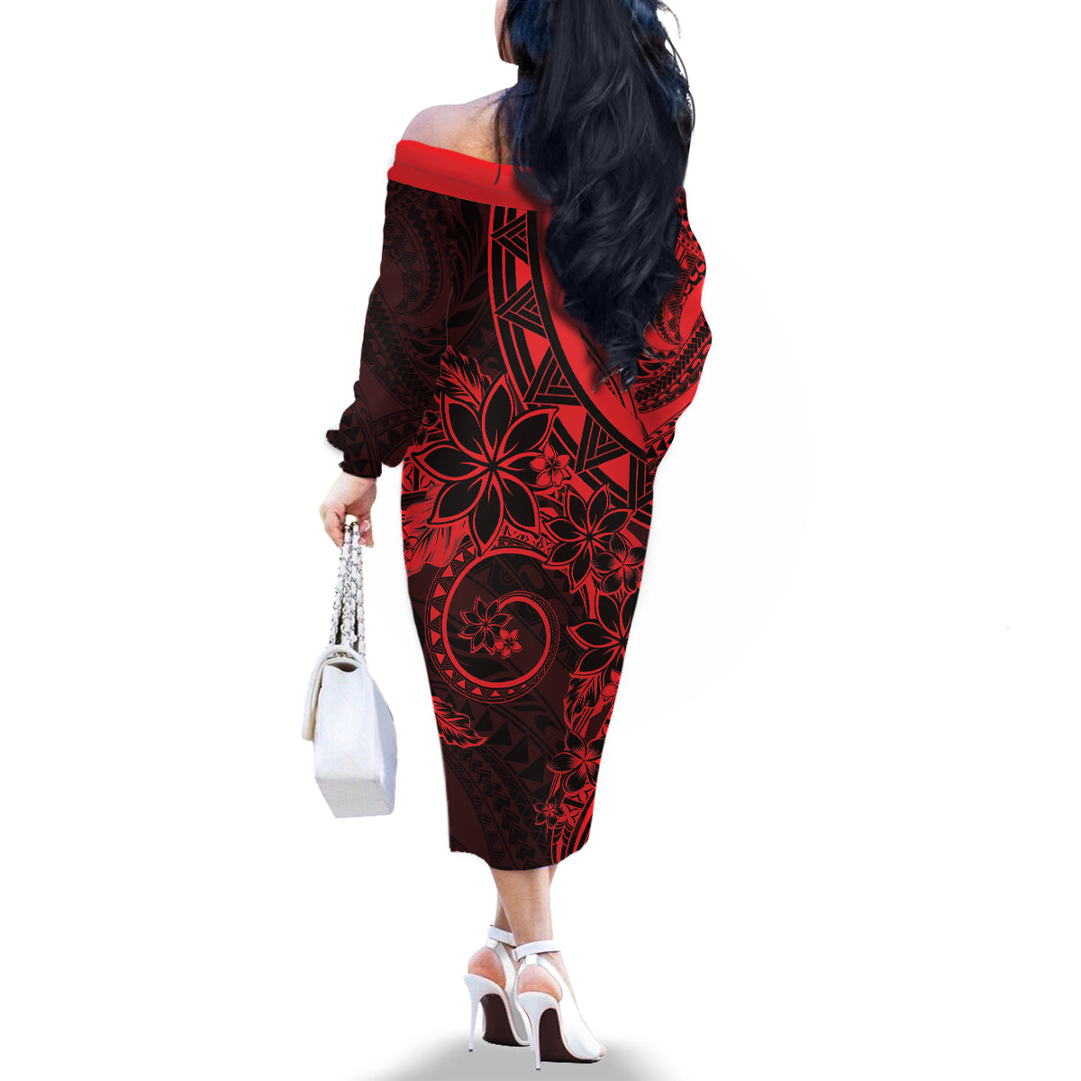 Polynesian Sunset Plumeria Family Matching Off The Shoulder Long Sleeve Dress and Hawaiian Shirt Red Polynesian Tattoo LT05 - Polynesian Pride