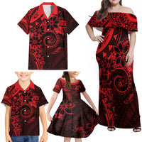 Polynesian Sunset Plumeria Family Matching Off Shoulder Maxi Dress and Hawaiian Shirt Red Polynesian Tattoo LT05 - Polynesian Pride