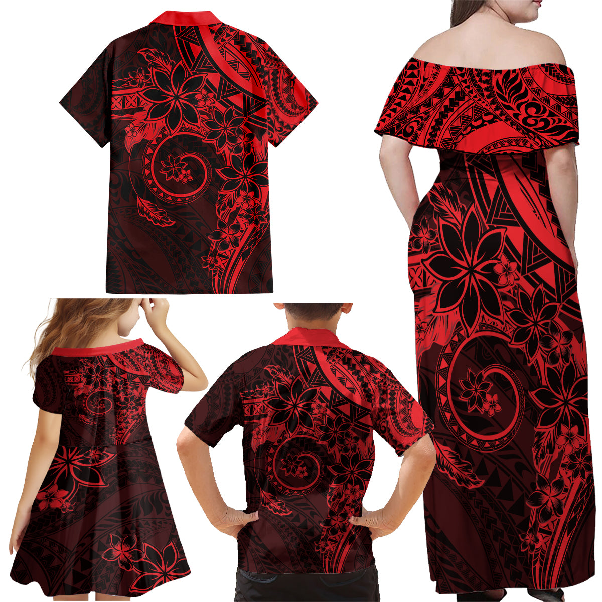 Polynesian Sunset Plumeria Family Matching Off Shoulder Maxi Dress and Hawaiian Shirt Red Polynesian Tattoo LT05 - Polynesian Pride