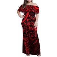 Polynesian Sunset Plumeria Family Matching Off Shoulder Maxi Dress and Hawaiian Shirt Red Polynesian Tattoo LT05 Mom's Dress Red - Polynesian Pride