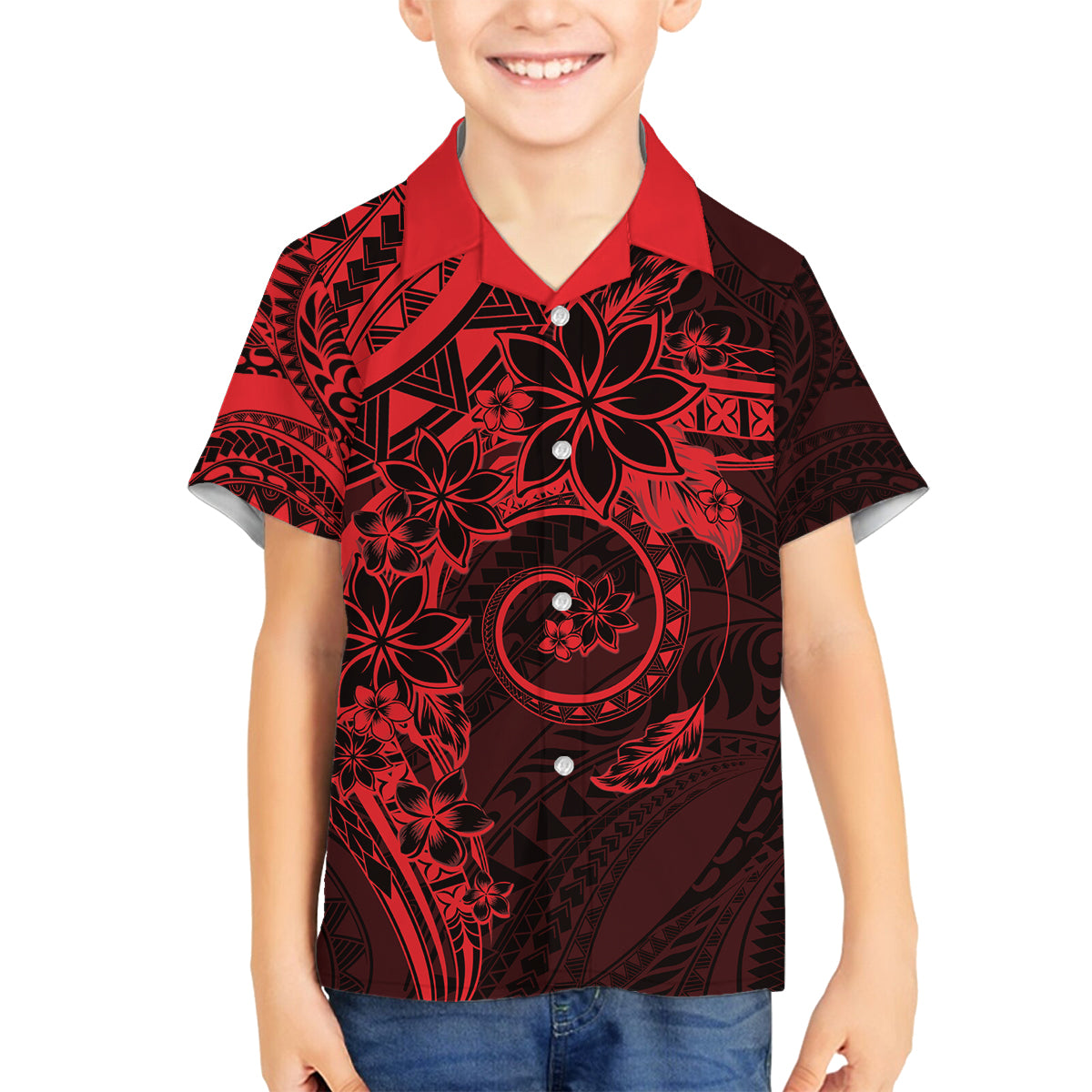 Polynesian Sunset Plumeria Family Matching Off Shoulder Short Dress and Hawaiian Shirt Red Polynesian Tattoo LT05 Son's Shirt Red - Polynesian Pride