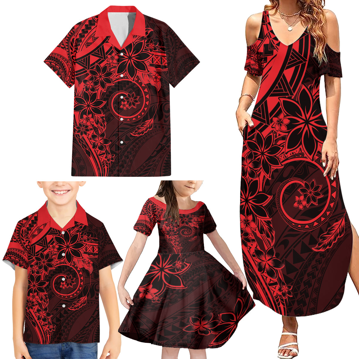 Polynesian Sunset Plumeria Family Matching Summer Maxi Dress and Hawaiian Shirt Red Polynesian Tattoo LT05 - Polynesian Pride