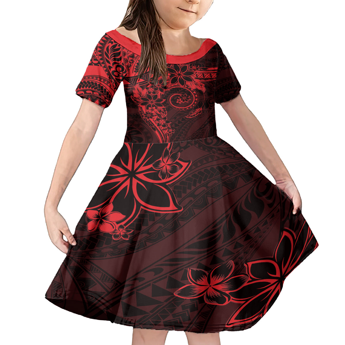 Polynesian Sunset Plumeria Family Matching Tank Maxi Dress and Hawaiian Shirt Red Polynesian Tattoo LT05 Daughter's Dress Red - Polynesian Pride