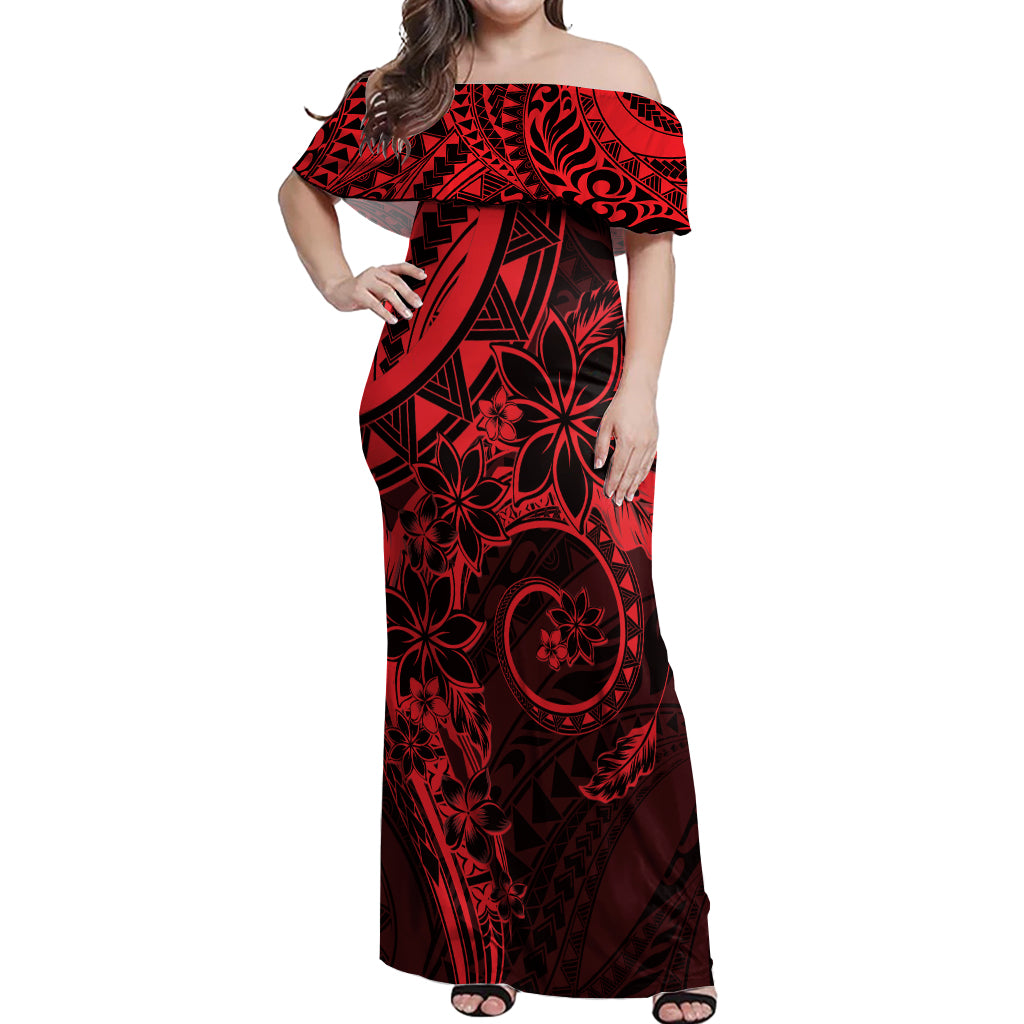 Polynesian Sunset Plumeria Off Shoulder Maxi Dress Red Polynesian Tattoo