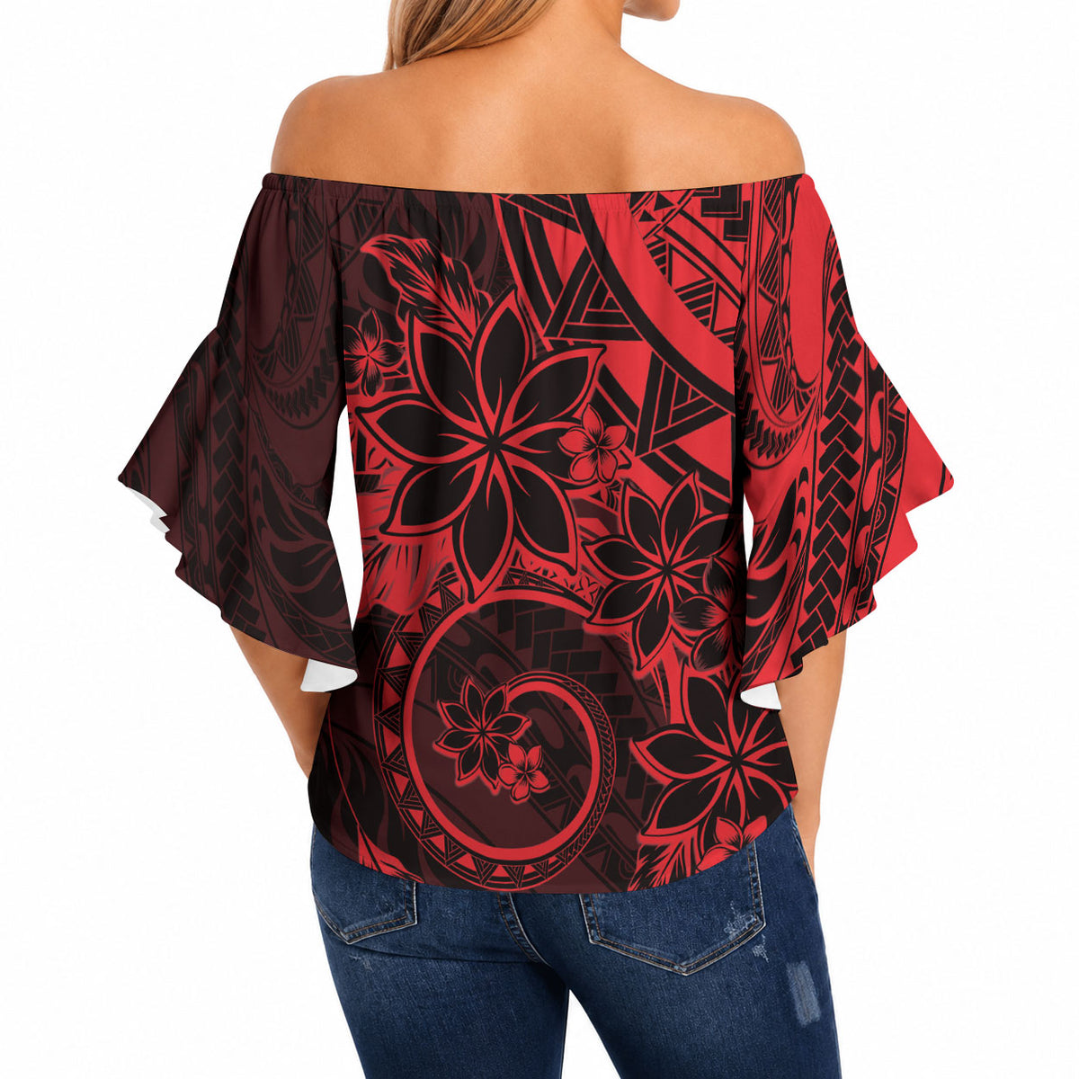 Polynesian Sunset Plumeria Off Shoulder Wrap Waist Top Red Polynesian Tattoo LT05 - Polynesian Pride
