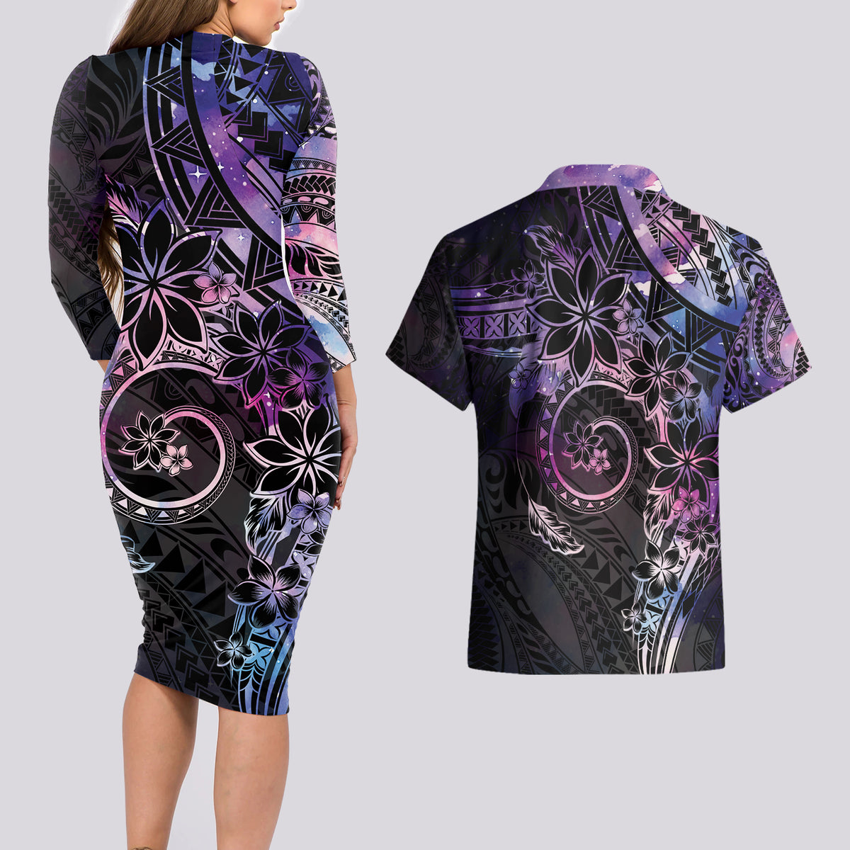 Polynesian Sunset Plumeria Couples Matching Long Sleeve Bodycon Dress and Hawaiian Shirt Galaxy Polynesian Tattoo LT05 - Polynesian Pride