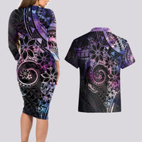 Polynesian Sunset Plumeria Couples Matching Long Sleeve Bodycon Dress and Hawaiian Shirt Galaxy Polynesian Tattoo LT05 - Polynesian Pride