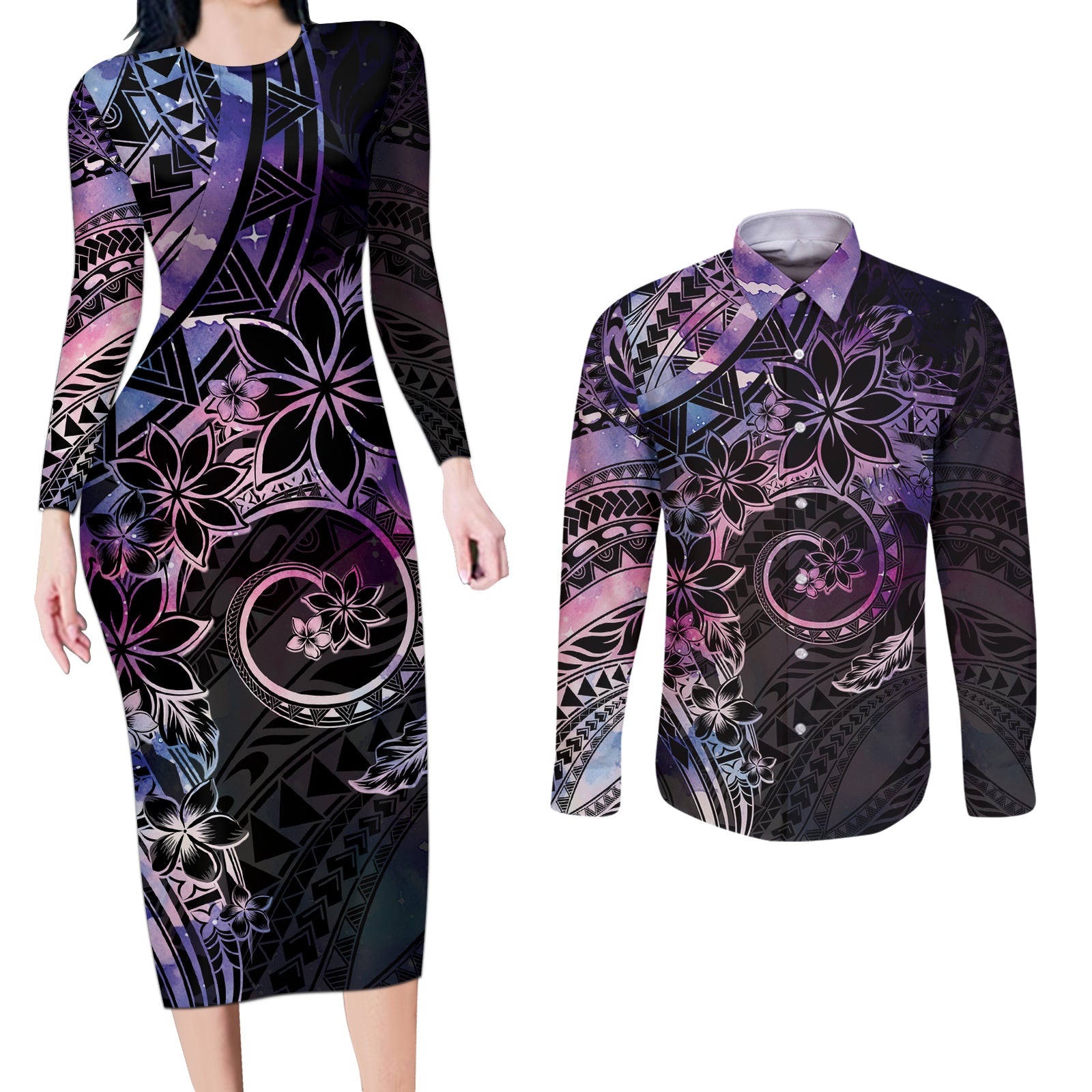 Polynesian Sunset Plumeria Couples Matching Long Sleeve Bodycon Dress and Long Sleeve Button Shirt Galaxy Polynesian Tattoo